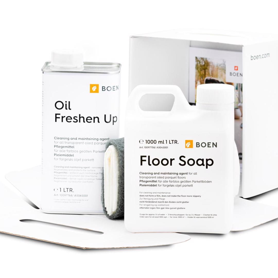 BOEN Reinigungs- und Pflegeset für transparent geölte Böden

Inhalt: 1 l Floor Soap und 1 l Oil Freshen Up.